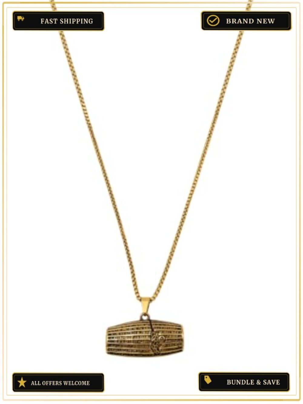 Cyrus Cylinder Pendant Necklace Gold Rolo Chain Antique Gold Plated Unisex